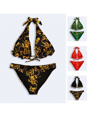 [QD457] Bikini femme à imprimé chaines et fleurs dorées